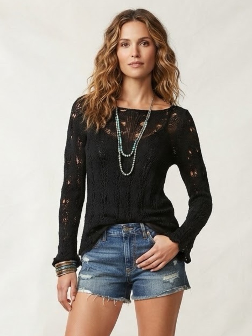 Black Open-Knit Long-Sleeve Women’s Sweater-Boho Chic-Vacation Vibes-One Size